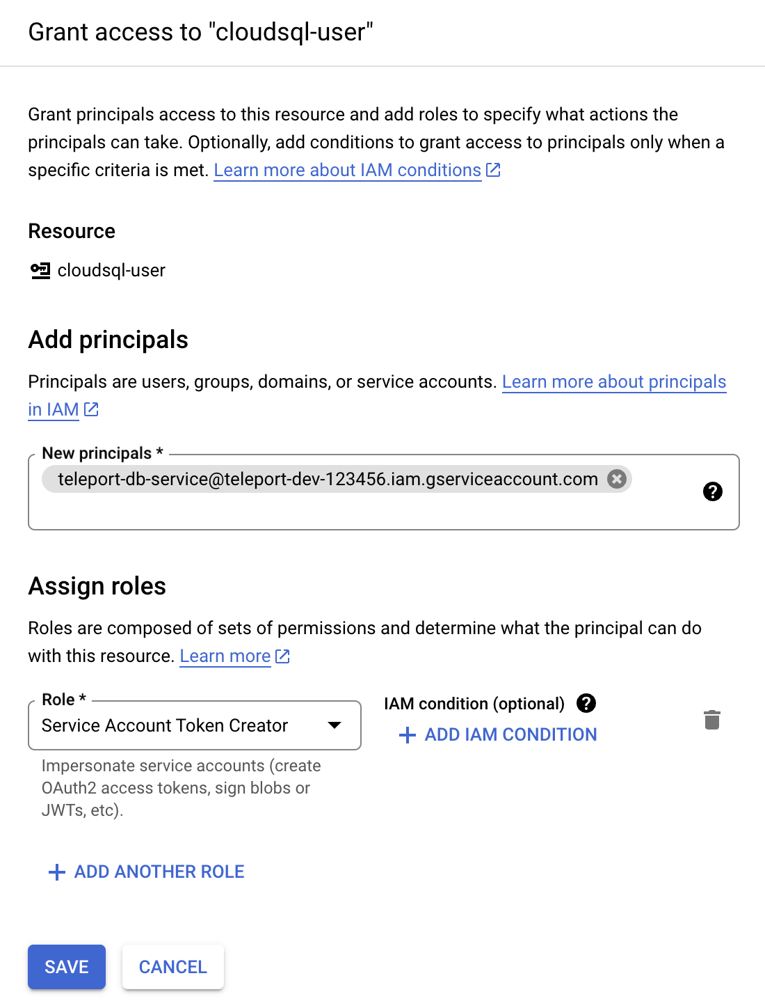 Grant Service Account Token Creator to Database Service